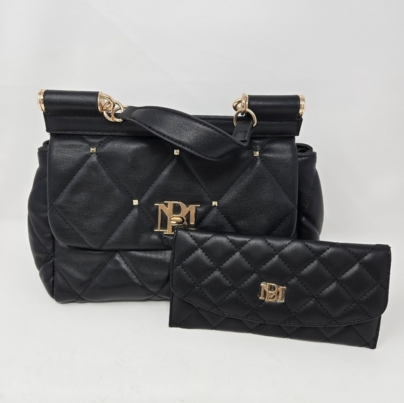 BADGLEY MISCHKA BLACK QUILTED TOP HANDLE PURSE NWOT BLACK WALLET FAUX LEATHER - Picture 1 of 16
